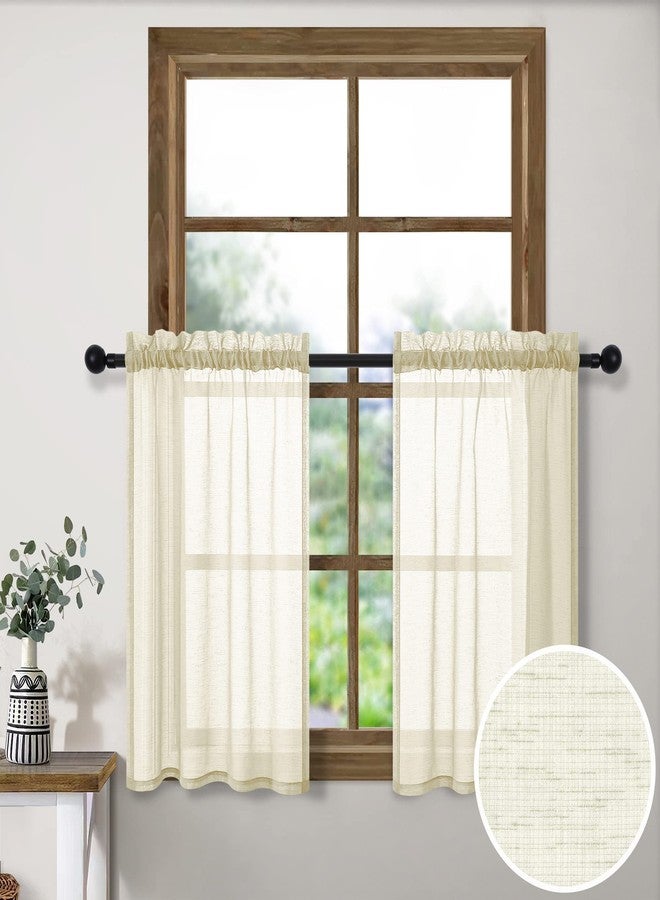 Pitalk Tier Curtains 30 Inch Length for Small Windows Set Rod Pocket Cafe Curtain Semi Sheer Linen Textured RV Camper Farmhouse Kitchen Curtains for Bathroom Window Curtains Short Basement Cream Beige - Image 1